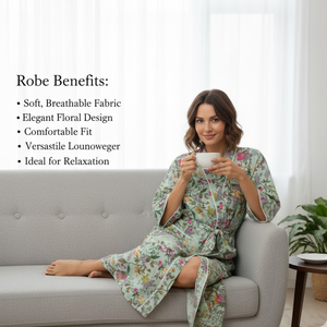 Bata Kimono de Algodón Floral Verde Salvia, Manga Larga, Cuello en V, Hecha a Mano, para Descanso y Spa, Larga, con Bolsillos - Product Image 3