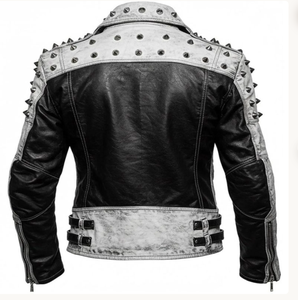 Blouson de motard en cuir clouté gris délavé personnalisé pour homme, manches noires, clous métalliques, style gothique punk rock, streetwear - Product Image 6