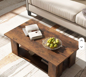 Table basse vintage en cuir, finition rustique en bois brun foncé, rectangulaire, à deux niveaux, avec étagère inférieure, pour meubles de salon - Product Image 5