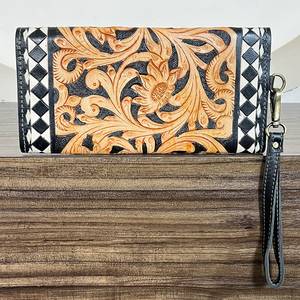 Hand Tooled Genuine Leather <b>Women</b> New Floral Checkered Clutches Luxury <b>Wallet</b> <b>Card</b> Holder Evening Wristlet <b>Wallet</b> For Shopping - Product Image 5