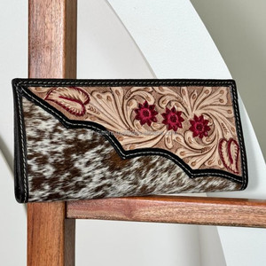 Nuevo cuero Floral occidental tallado a mano billetera embrague tarjeta de crédito funda de teléfono pelo en cuero de vaca billetera plegable para mujer - Product Image 4
