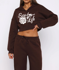 Sweat-shirt court à capuche zippé pour femme, marron uni, imprimé floral, en coton tricoté, manches longues, tenue décontractée d'automne - Product Image 1