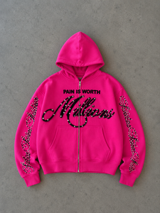 Sweat à capuche zippé personnalisé en coton épais, délavé à l'acide, orné de strass et de cristaux, style streetwear oversize, en molleton écologique - Product Image 2