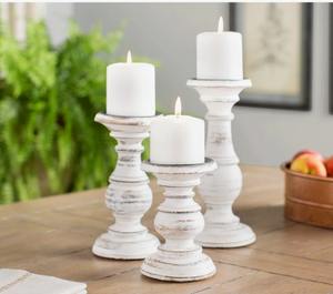 Ensemble de 3 bougeoirs décoratifs en bois de manguier tourné, couleur crème, pour décoration de table à prix avantageux - Product Image 5