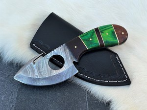Cuchillo de acero de Damasco de hoja fija con gancho para desollar, mango de madera de espiga completa, para caza industrial, desollado, camping y actividades al aire libre, ODM/OEM, con funda - Product Image 6