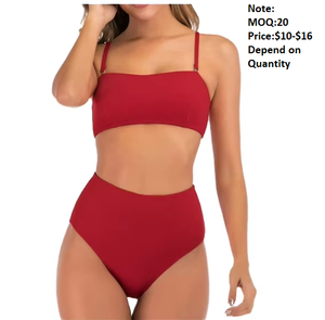 Ensemble bikini bandeau sans bretelles pour femme, coupe haute, côtelé, 2 pièces, séchage rapide, à carreaux, avec cordon de serrage, transparent - Product Image 1