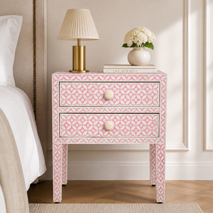 Pink Bone Inlay Nightstand 2 <b>Drawer</b> Bedside Table Modern Geometric Wood <b>Side</b> Cabinet for Bedroom Living Room Apartment & Hotel - Product Image 1