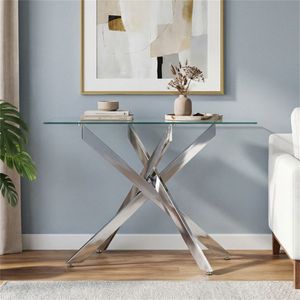 Tavolo Console in Vetro Temperato Cromato Argento da 45 Pollici con Gambe Regolabili per Arredamento Casa - Product Image 6