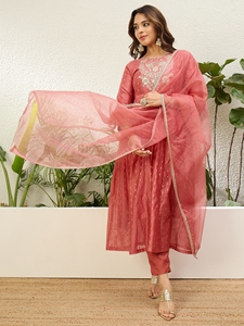 Women’s Chanderi A Line Kurta Pent Dupatta Sets with Embroidery Work - Product Image 2