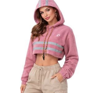 <b>Women</b> Cropped Sherpa Hoodie Reflective Stripe Pullover Soft Fleece <b>Teddy</b> Hoodies Streetwear Custom Manufacturing - Product Image 1