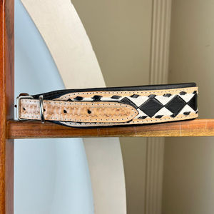 New Personalized Handmade Hand Tooled Leather Black & White Checkered Pattern Pet Collar with Buckle for Small Medium Large Dogs - Product Image 6