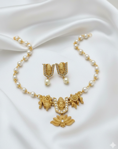 Conjunto de Joyería Étnica Tradicional de Templo, Chapado en Oro, con Perlas de Imitación, Collar Mala y Pendientes, para Bodas Religiosas del Sur de la India - Product Image 1