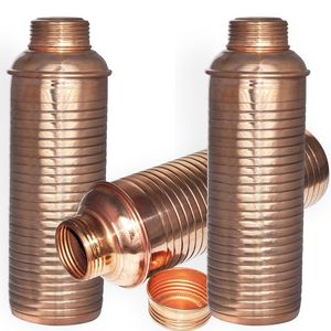 Handcrafted Indian Annular Ribbed Pure Copper Water <b>Bottle</b> Vintage <b>Brushed</b> Surface Natural Health Benefits Vessel - Product Image 1