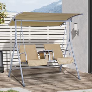 Dondolo da Esterno Beige per 2 Persone con Tettuccio Regolabile, Tavolino e Console Portaoggetti per Patio - Product Image 2