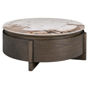 Table basse ronde moderne avec plateau en marbre, structure en bois, rangement, meubles de salon - Product Image 2