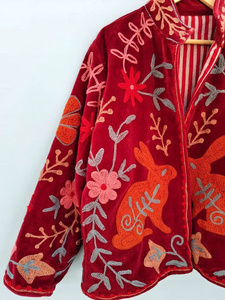Chaqueta Bomber de Terciopelo de Algodón con Bordado Floral Suzani, Reversible, Estilo Boho Vintage, Talla Única, Forro Étnico de Lino, Precio de Fábrica - Product Image 4