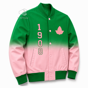 Alfa |   Kapa |   Chaqueta universitaria de satén ombré para mujer Alpha con letras griegas bordadas, botones a presión y cuello y puños de punto acanalado, estilo universitario - Product Image 2