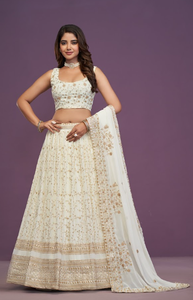 Ensemble Lehenga Indien Brodé Blanc avec Blouse Sans Manches, Dupatta Longueur Ras du Sol – Tenue de Fête et de Mariage pour Femme - Product Image 3
