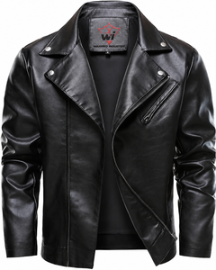 <b>Men</b>’s Black Leather <b>Biker</b> <b>Jacket</b> with Asymmetrical Zip, Lapel Collar, Chest Pocket and Modern Slim Fit - Product Image 1