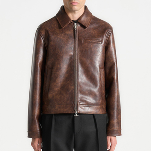 Chaqueta Bomber de Cuero Genuino Marrón para Hombre, Cuello Camisero, Cierre de Cremallera, Estilo Casual de Otoño, Corte Regular - Product Image 1