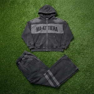 Ensemble de survêtement deux pièces pour homme, sweat à capuche zippé et pantalon de jogging large, couleur noire délavée, style color block - Product Image 6