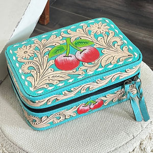 Vintage Style Hand <b>Tooled</b> Genuine Cowhide <b>Leather</b> Pretty Turquoise Jewelry Box Floral Cherry Pattern Jewelry Organizer Cases - Product Image 4