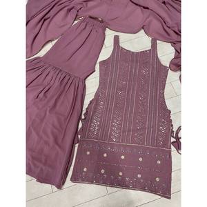 Hermoso Conjunto Sharara con Bordado de Hilo de Algodón y Dupatta para Boda, Salwar Kameez - Product Image 6