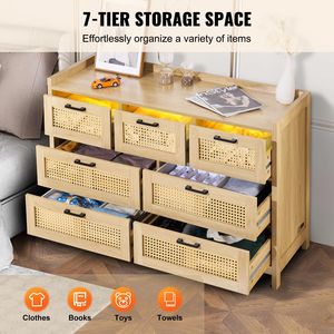 Cassettiera Moderna Stile Fattoria a 7 Cassetti in Legno Naturale e Rattan con Luce LED, Organizer per Vestiti Boho Chic - Product Image 4