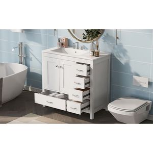 Mobile Bagno Bianco da 36 Pollici con Ampio Spazio di Archiviazione, Armadietto a 2 Ante con Chiusura Ammortizzata e 5 Cassetti, con Lavabo in Ceramica Integrato - Product Image 5