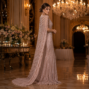 Luxury Rose Gold Sequin Evening Gown for <b>Women</b> V Neck <b>Cape</b> Sleeve Mermaid Maxi Dress Formal Party Wedding Reception Prom Dress - Product Image 4