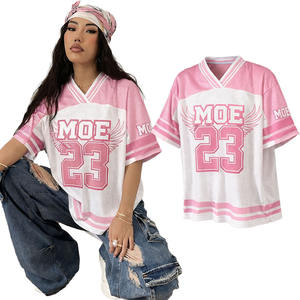 Custom <b>Pink</b> New Jersey T Shirt <b>women</b> Hip Hop Number Graphics Print Oversized Goth V Neck Mesh <b>Tops</b> American Football Jersey OEM - Product Image 1