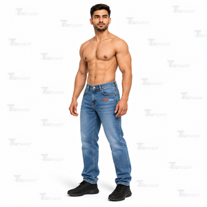 Jean en denim délavé coupe droite taille haute pour homme avec poches et braguette boutonnée, style décontracté, pantalon en coton mi-lourd - Product Image 3