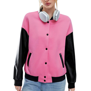 Blouson universitaire rose et noir pour femme 2026, manches contrastantes en cuir PU, fermeture boutonnée, coupe décontractée, idéal pour l'automne - Product Image 1