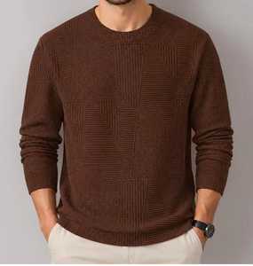 Camiseta de Manga Corta con Cuello en V para Hombre, Diseño Geométrico Marrón, Tejido Texturizado, Ecológico, Poliéster/Algodón - Product Image 2