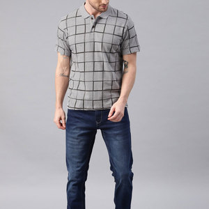 Polo à manches courtes pour homme, imprimé géométrique gris, coton tricoté, respirant, coupe décontractée - Product Image 2