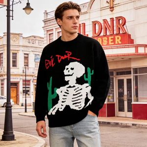 Pull tricoté noir pour homme OEM 2026 avec imprimé squelette blanc et cactus vert, logo frontal, style hiver à manches classiques - Product Image 5