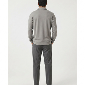 Polo à manches longues pour homme, gris uni, 100% coton piqué, tricoté, décontracté, respirant, coupe classique, boutons, polos pour homme - Product Image 5