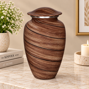 Urne funéraire en métal effet bois avec motif à rayures fluides, pour cendres commémoratives, souvenir et rémembrance - Product Image 1