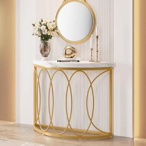 Table console semi-circulaire avec plateau en marbre beige et treillis circulaire décoratif doré, disponible à prix de gros. - Product Image 6