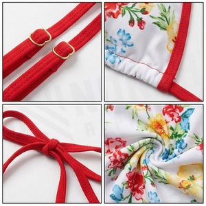 Floral Print 2 Piece Bikini Set With Red Contrast Binding <b>Crossed</b> Halter <b>Top</b> And Tie Side Bottoms Women's Swimwear - Product Image 4