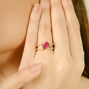 14K White Gold Floral Ruby Diamond Cluster Wedding Band Ring - Product Image 1