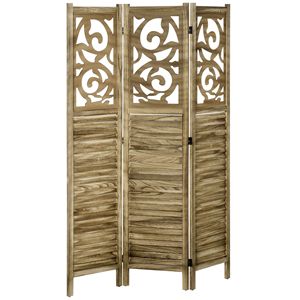 Handcrafted 3-Panel Wooden Room Divider Double Hinged <b>Folding</b> Privacy <b>Screen</b> Traditional Design Brown for Home Office 63x67x075 - Product Image 1
