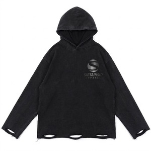 Sudaderas con Capucha Oversize de Algodón Desgastado con Logo Personalizado, Parche Bordado, Dobladillo sin Rematar y Lavado Ácido para Hombre - Product Image 1