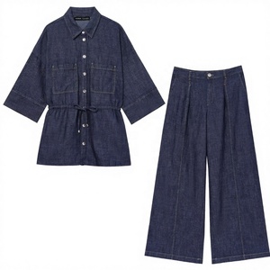 Conjunto de dos piezas de mezclilla para mujer, camisa de manga tres cuartos con bolsillos y pantalones de pierna ancha, estilo casual, holgado, para primavera/verano, color liso. - Product Image 2