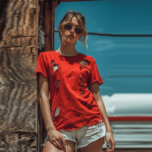 เสื้อยืดผู้หญิงแบบขายส่ง น้ำหนักเบา สไตล์ดิสเทรส คอกลม แขนสั้น ลายขาด เสื้อยืดผู้หญิงสำหรับฤดูร้อน สไตล์สตรีท ดิสเทรส - Product Image 1