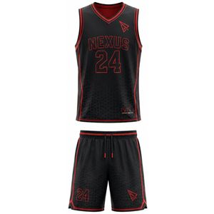 Conjunto de Uniforme de Baloncesto Nexus, Cuello en V, Sin Mangas, Ropa Deportiva al por Mayor, Sublimada, de Secado Rápido, Uniforme Atlético para Adultos, 24 Negro Rojo - Product Image 1