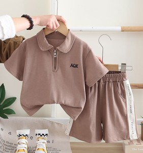 Ensemble deux pièces décontracté pour garçons, polo à manches courtes avec fermeture éclair et short à taille élastique, imprimé lettres vert clair - Product Image 5