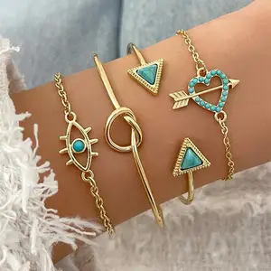 Conjunto de pulseiras para mulheres, 4 peças, pedra semipreciosa natural, formato de coração, cristal, cor dourada, com bordas, conjunto de 4 peças