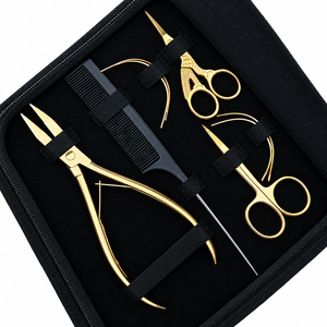 Kit de pinces pour extensions capillaires de 7 pouces, 4 pinces dorées pour micro-perles, outil de sertissage, outil de retrait de bandes adhésives courbé et polyvalent, aiguilles en C pour extensions cousues, ciseaux - Product Image 2