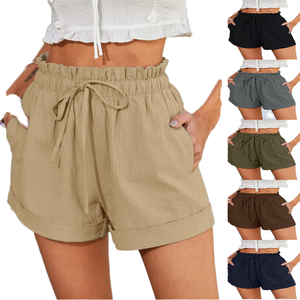 Shorts décontractés pour femmes avec cordon de serrage, couleur unie, coupe ample avec poches, taille mi-haute, en coton tricoté respirant - Product Image 2